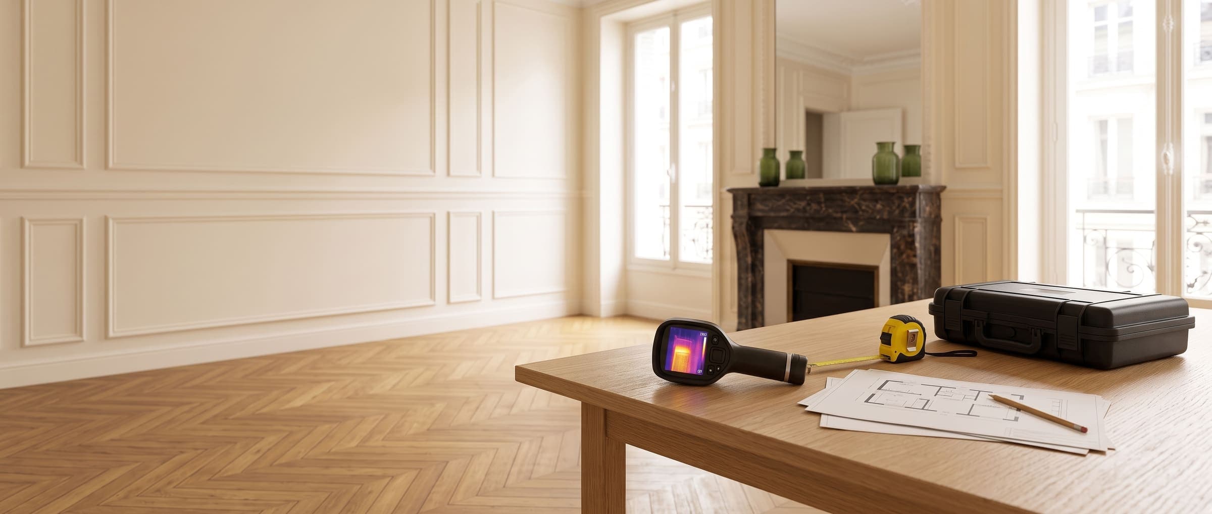 Instruments de diagnostic immobilier posés sur une table, dans un appartement haussmannien.